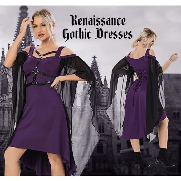 💜 Goth Harness Cold Shoulder Butterfly Sleeves Cosplay Purple Dress SIZE 6 NWT - Picture 11 of 16